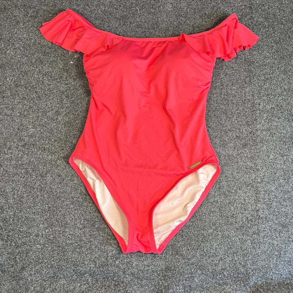 Vince Camuto Swim Coral Pink Ruffle Off The Shoulder One Piece Swimsuit Size 8